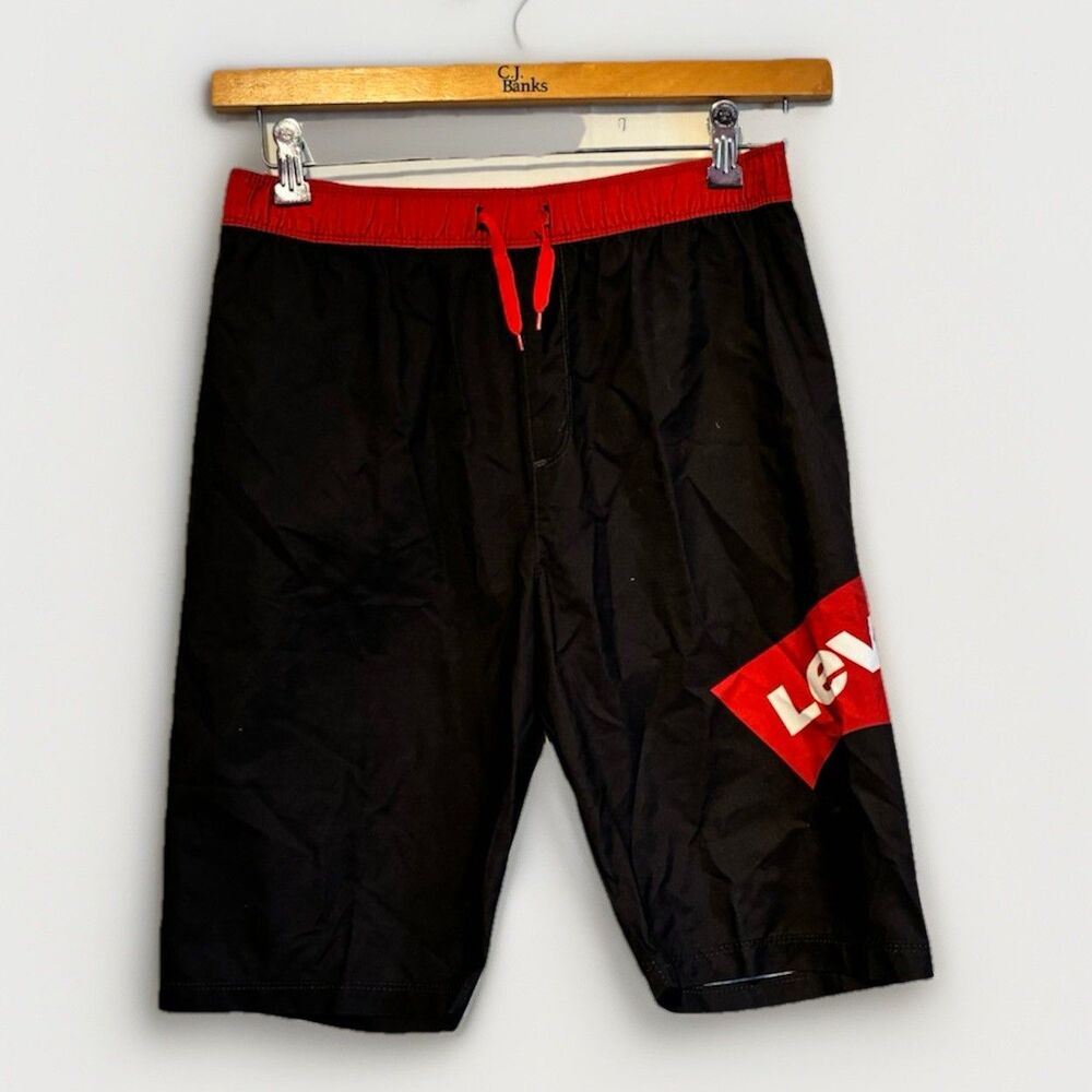 Levi’s Boys XL Board Shorts Swim Trunks Black Red Logo Lined Youth 13-15 Yrs